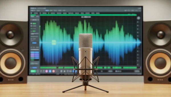 Estudio de sonido con un micrófono de medición para calibrar DSP