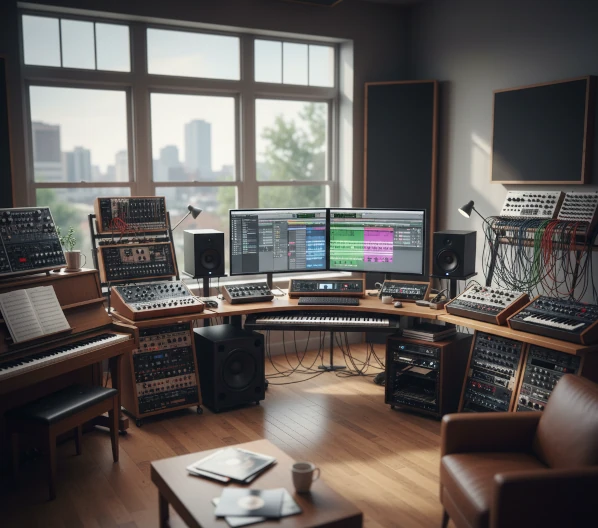 Estudio de sonido mezclando sintetizadores