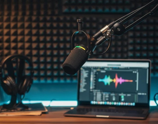 Shure MV7+, micrófono en un estudio de podcast