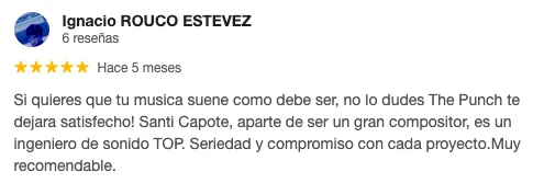 Reseña de cinco estrellas a mi trabajo de mezccla y mastering de techno para Ignacio Rouco